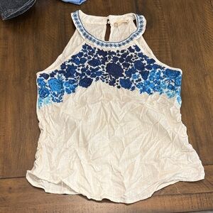 Altar'd State Floral Embroidered Halter Top - Blue and Cream